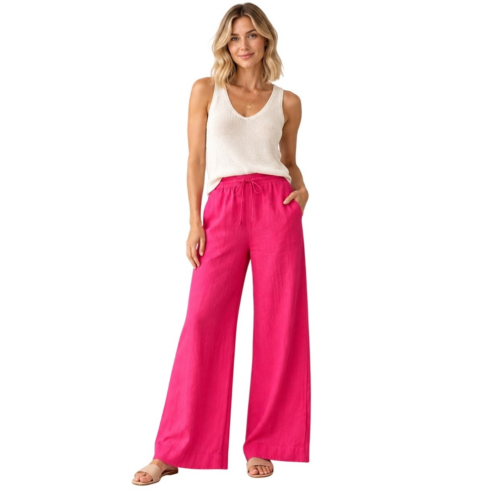 FRAME Flamingo Pink Linen Blend Wide Leg Pants S Pull On Coastal Resort